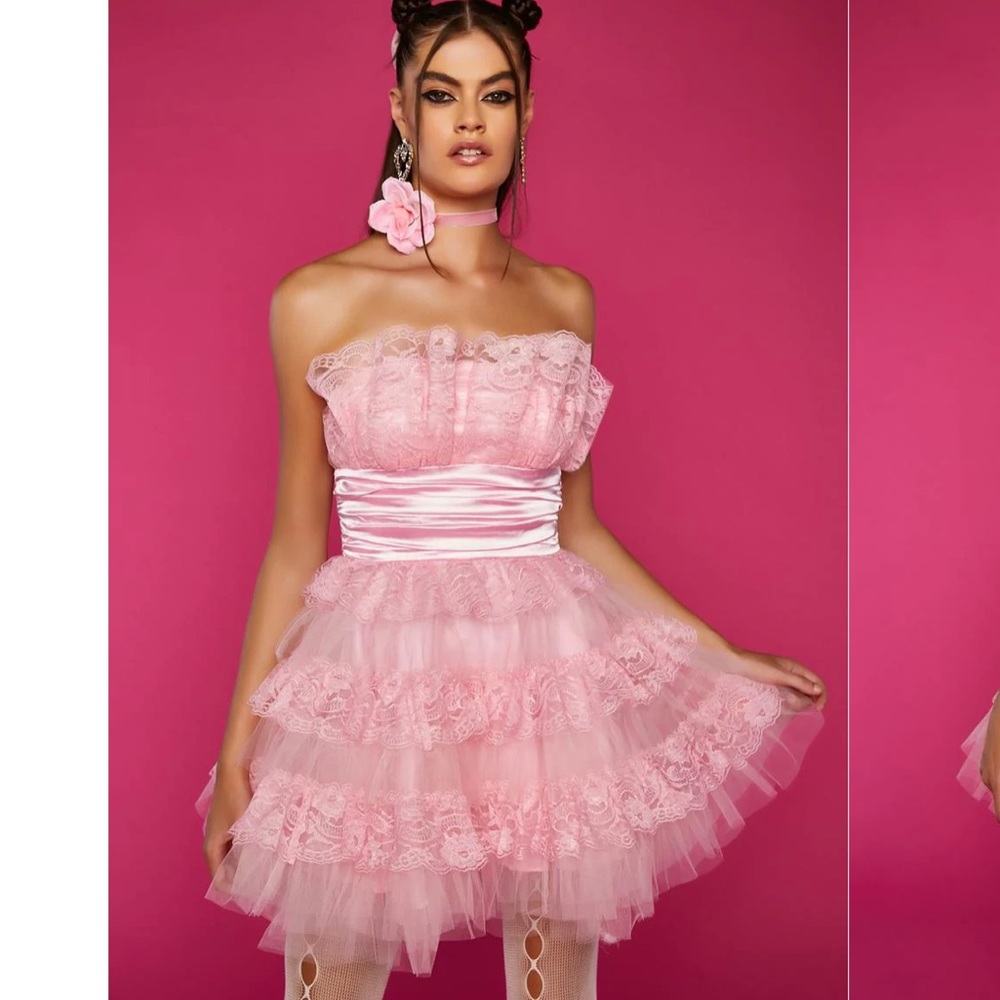 Dolls Kill Pink Strapless Ruffle Mini Dress - Picture 3 of 6